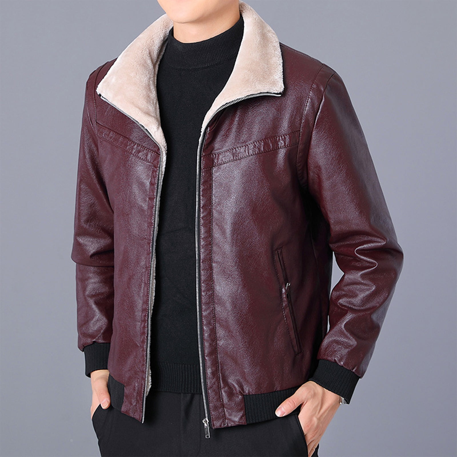 Brown Leather Jacket Men Fashion Fleece Turn-Down Collar Jacket Moto Biker Coat Retro Bomber Faux Leather Outerwear