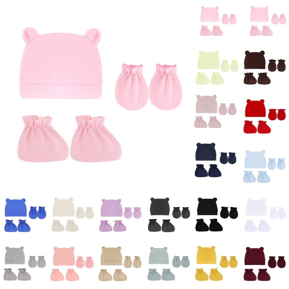Multicolor Women Beanie Warm Winter Hats Boy's 0-12 Months Hat Mittens And Socks Set Polyester Unisex Windproof Stretchy Knit Double Layer Cuffed Cap One Size