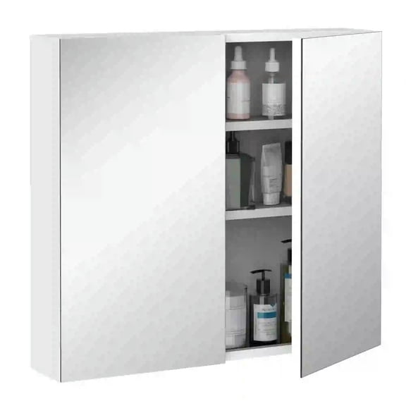 Spaco Bathroom Mirrored Cabinet with Double Doors, 24"x22" Steel Frame Medicine Cabinet, Wall-Mounted Storage Organizer, White