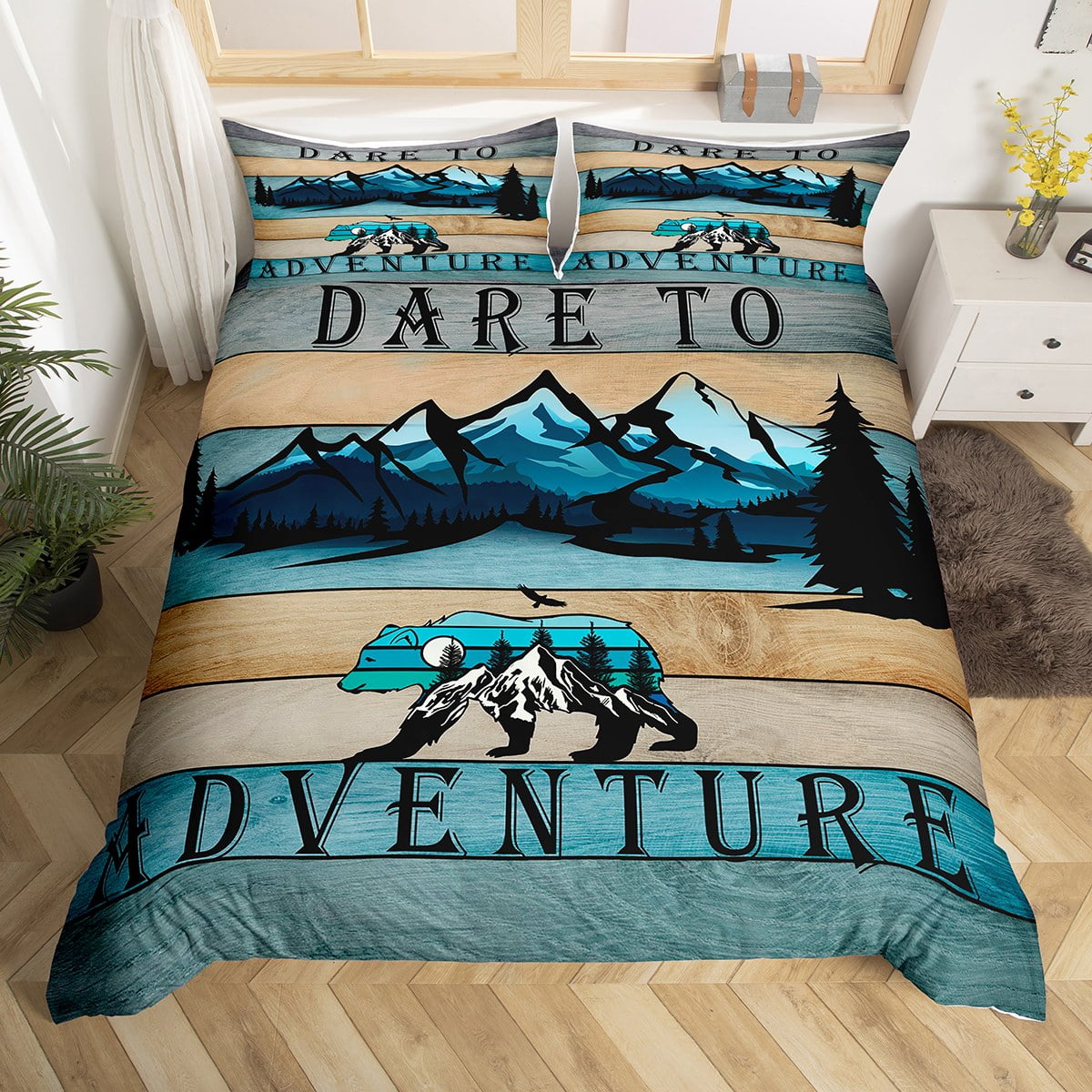 YST Vintage Farmhouse Comforter Cover Woodland Bear Bed Set for Adult