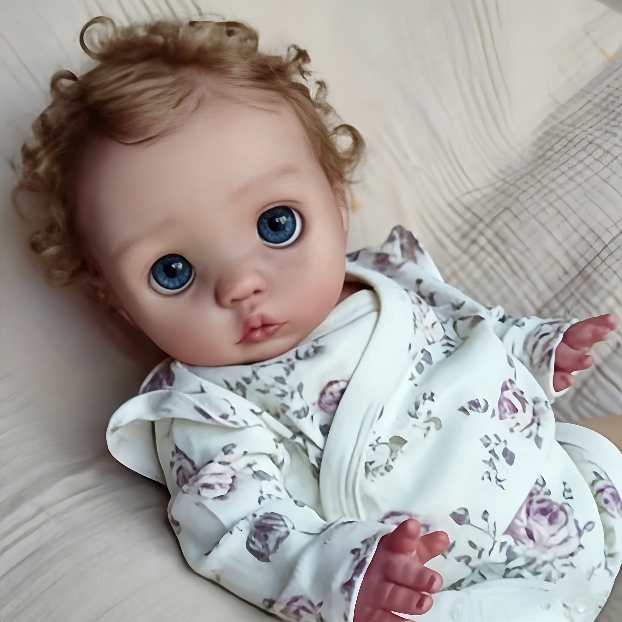 16 Inch Realistic Reborn Baby Doll, Cute Big Eyes Curly Hair Toddler Doll, Lifelike Soft Vinyl Baby Doll Gift For Girls