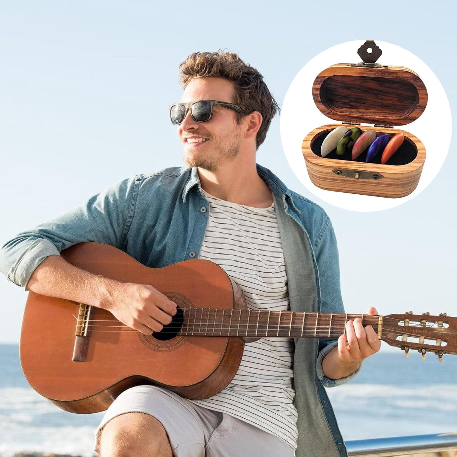 Wooden Guitar Pick Case Set with 5 Picks, Resin & Wood Portable Pick Holder Box for Acoustic Electric Bass, Musical Gifts for Guitarists