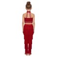thumbnail image 5 of Sholeno Kids Girls Tassels Latin Dance Suits Halter Neck Sleeveless Crop Top with Pants Tiered Fringe Dancewear Burgundy 6, 5 of 6