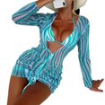 thumbnail image 1 of ENJOYW 3Pcs/Set Wire Free Swimsuit Deep V Long Sleeve Striped Print Bikini Dress Set for SummerPolyester, 1 of 7