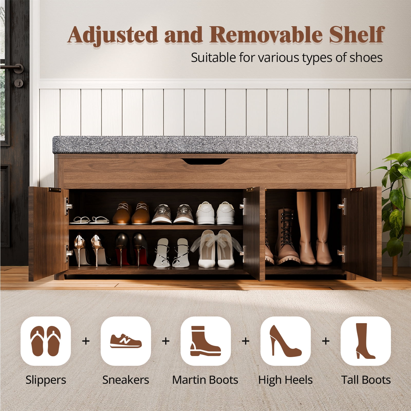 Shoe Storage Bench, Wooden Storage Chest ,3 Doors, Adjustable Shelf,  Bench with Shoe Rack for Entryway, Bedroom, Living Room, Walnut Brown