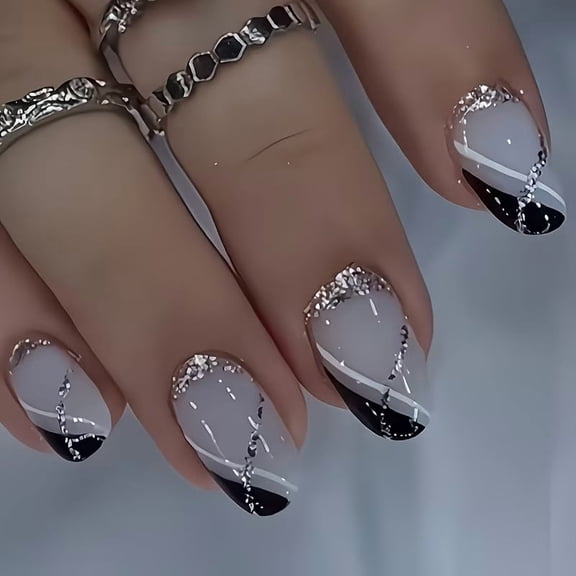 24 Piece Almond Shape Press on Nails Set - Black Glitter with Elegant White Line Design for Trendy Nail Art