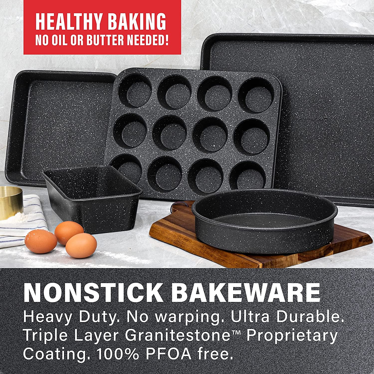 Granitestone Black Nonstick Bakeware Set, 5 Piece Baking Pans Set, Dishwasher Safe, No Warp & Even Heating, Oven Safe with Square & Round Baking Pan, Muffin and Loaf Pan & Baking Sheet