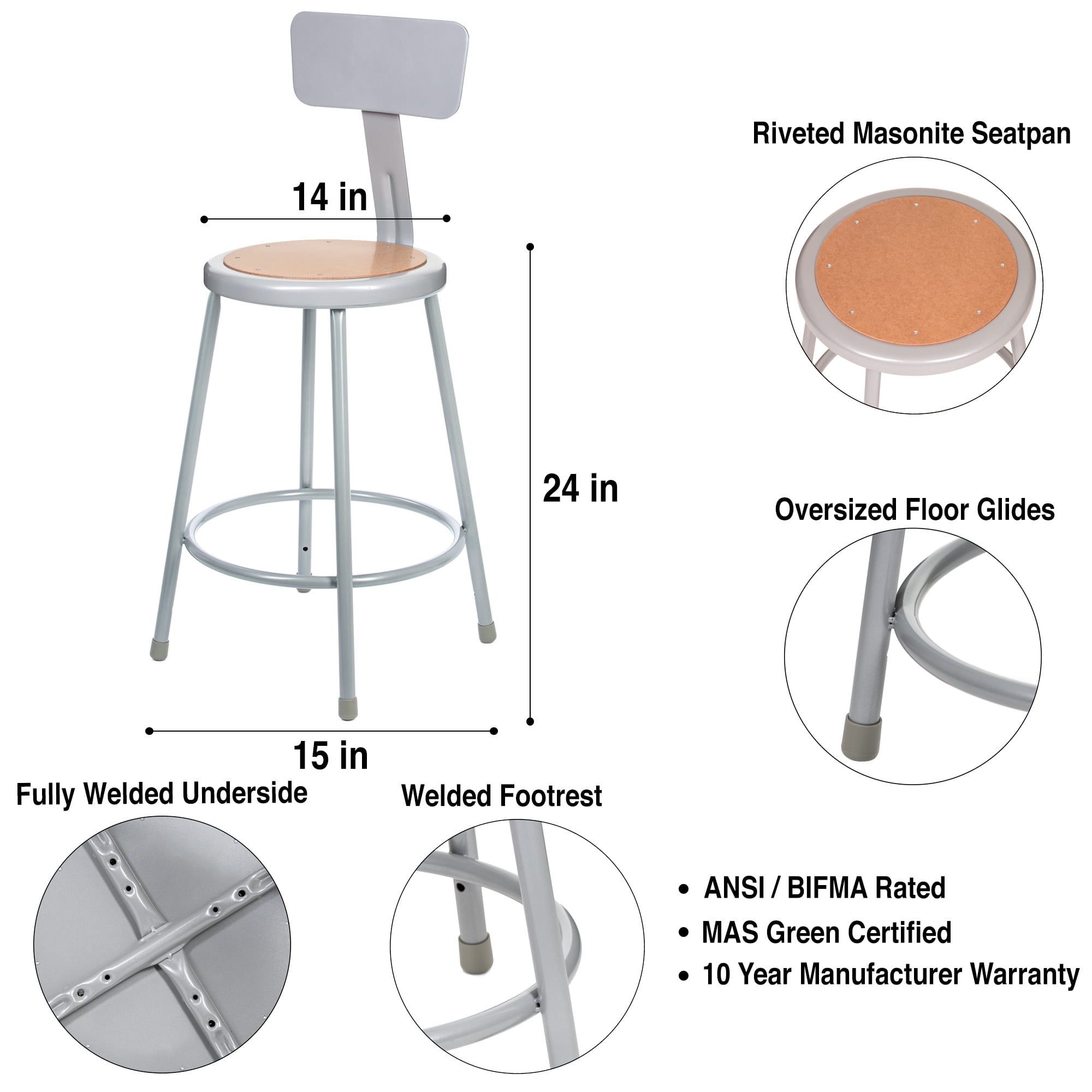 Hampden Furnishings Flynn Collection 24" Masonite/Steel Stool with Backrest, Grey, 2 Pack