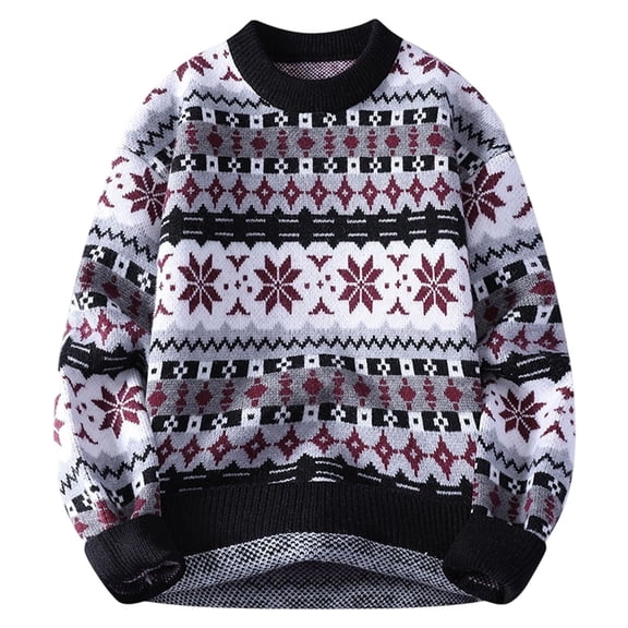 Bpyeka Men's Crew Neck Sweater Fair Isle Jacquard Long Sleeve Loose Stretch Autumn Winter Pullover M-4XL