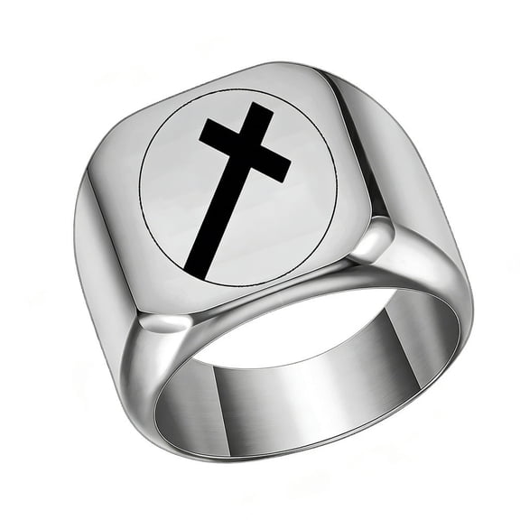 PAURO Men Stainless Steel Square Ring 17mm with Round Cross Pattern Signet Rings Simple Plain Cocktail Ring Silver Size 5