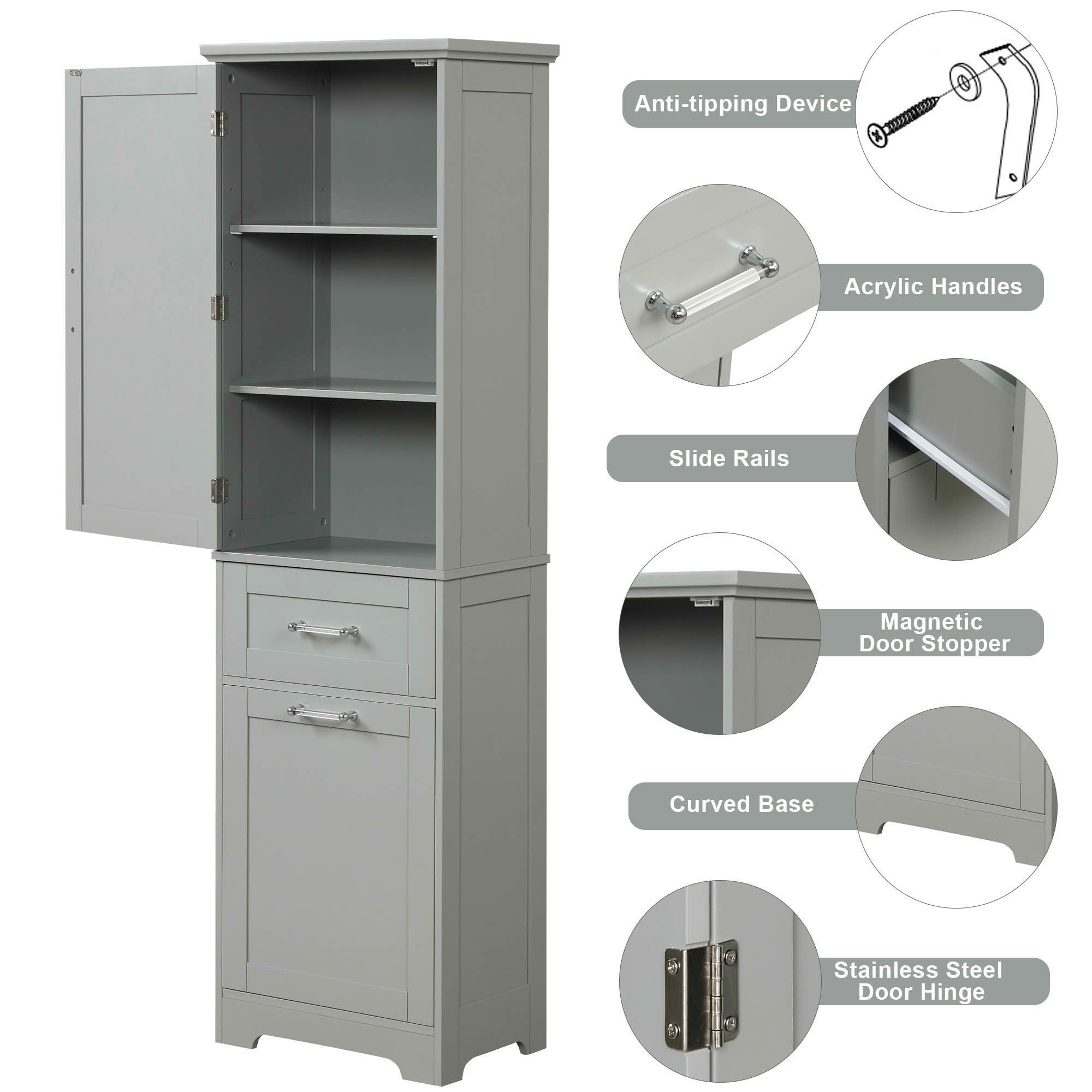 MAYEERTY Tall Bathroom Cabinet 2 Size Drawers Adjustable Shelf MDF Painted Gray