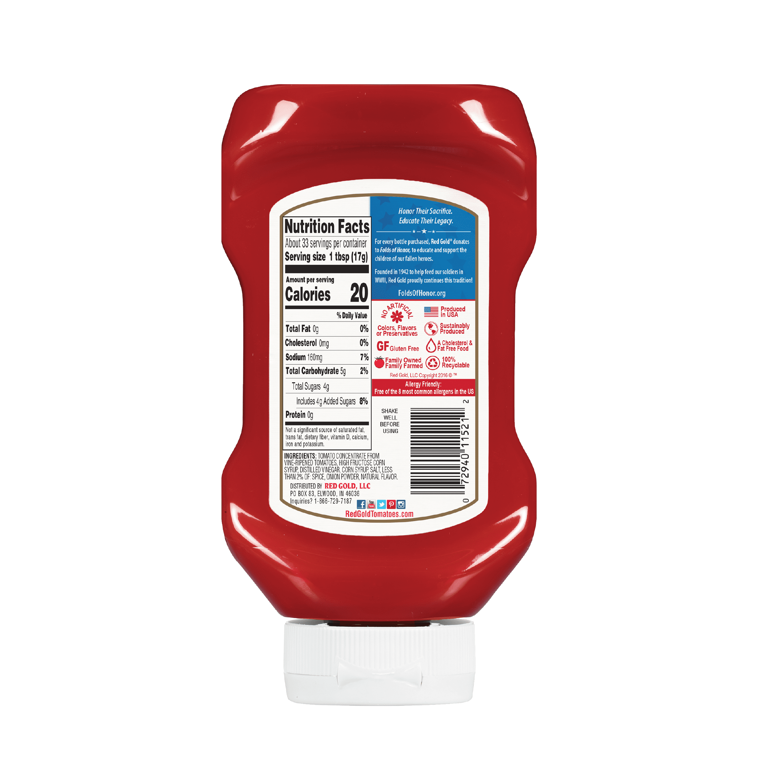 Red Gold and Folds of Honor Tomato Ketchup, Kosher and Gluten Free, 20 Ounce Squeeze Bottles, 16-Pack