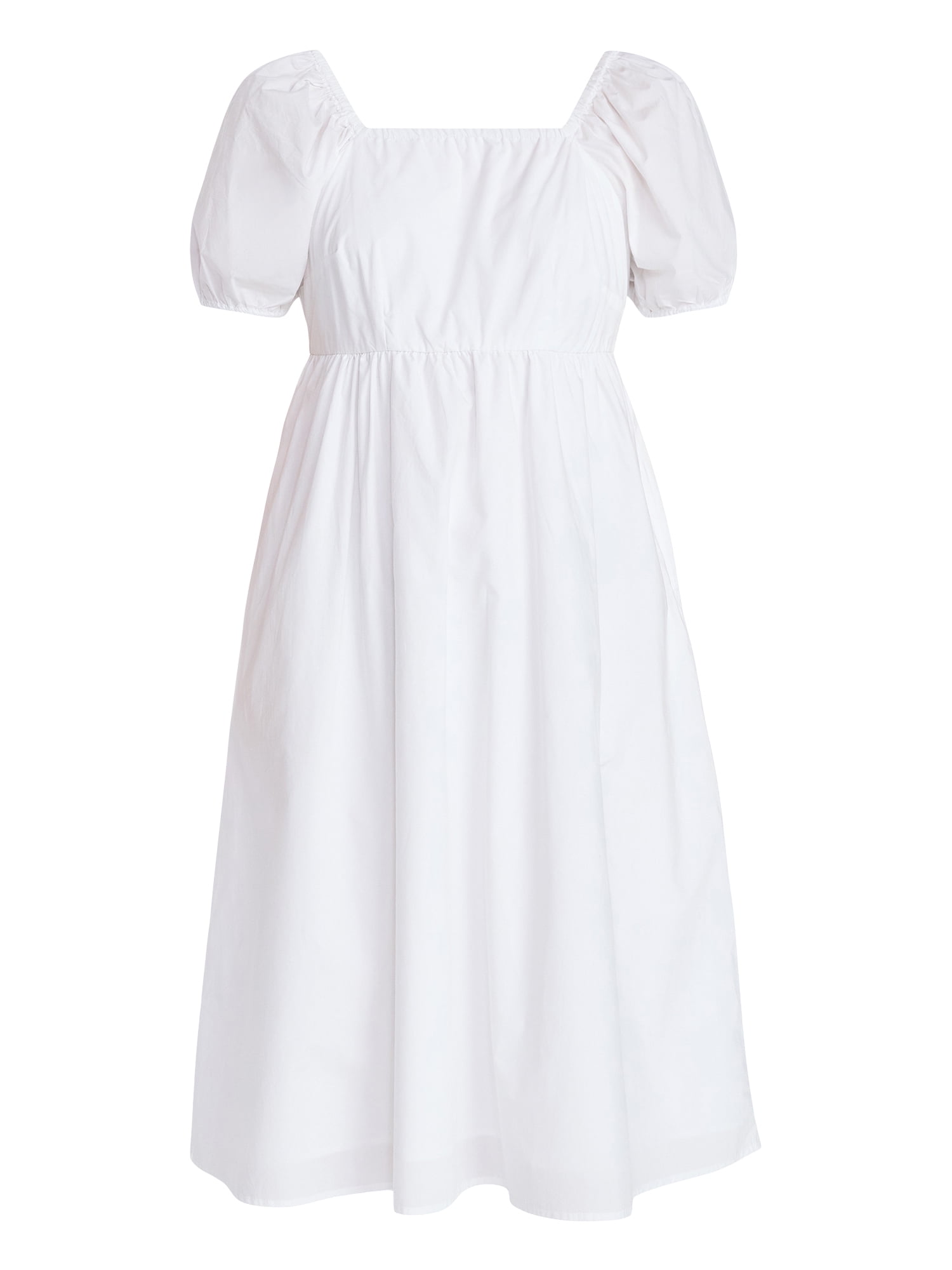 Time and Tru Women's and Women's Plus Cotton Back Tie Midi Dress with Short Puff Sleeves, Sizes XS-4X