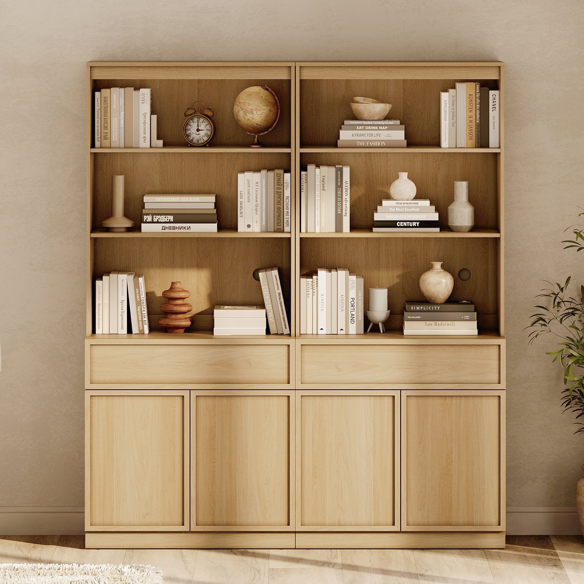 Modern 72" Tall Bookcase with Doors, Drawers & Adjustable Shelves, Wood Bookcase with Storage Cabinet and Open Shelving,Oak