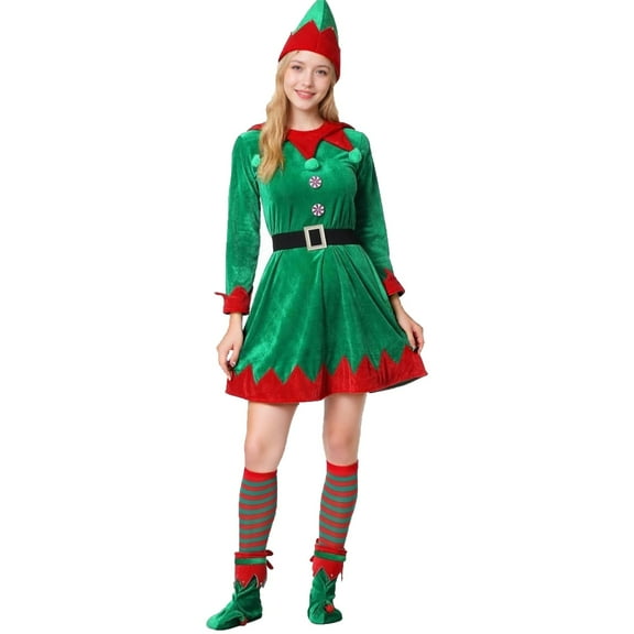 DHFJKG Women Christmas Elf Outfit Long Sleeve Mini Dress Tight Pants With Hat Socks Shoes For Party Performance Cozy 4 Piece Sets
