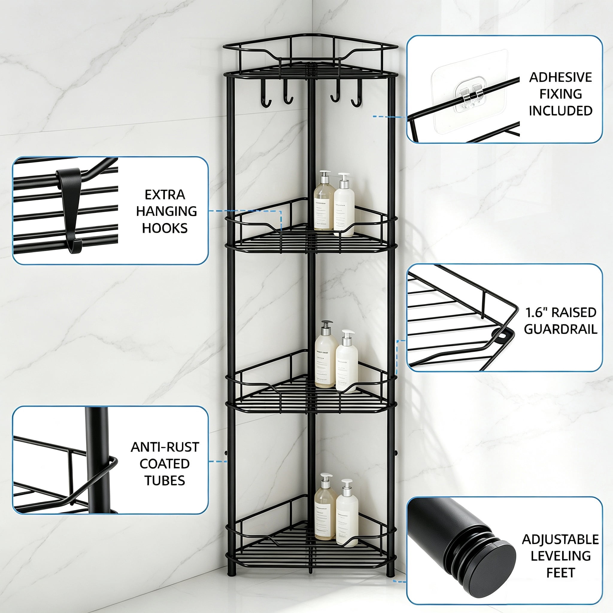 Corner Shower Caddy, 4‑Tier Floor‑Standing Bathroom Storage Shelf, Black