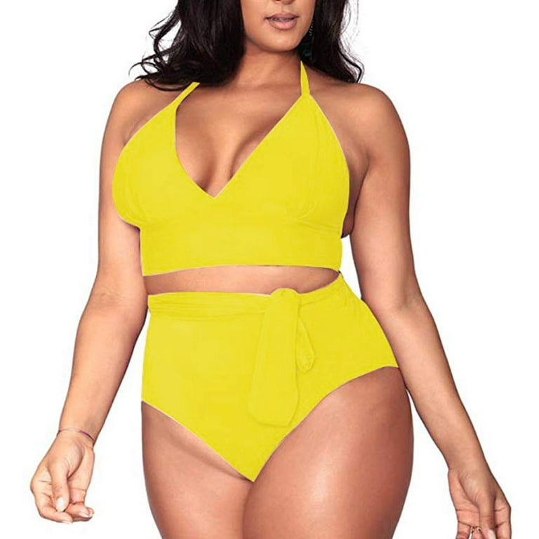 LoyisViDion Women'S Plus Size High Waisted Tummy Control Swimwear Swimsuit  Full Coverage Yellow XXL 