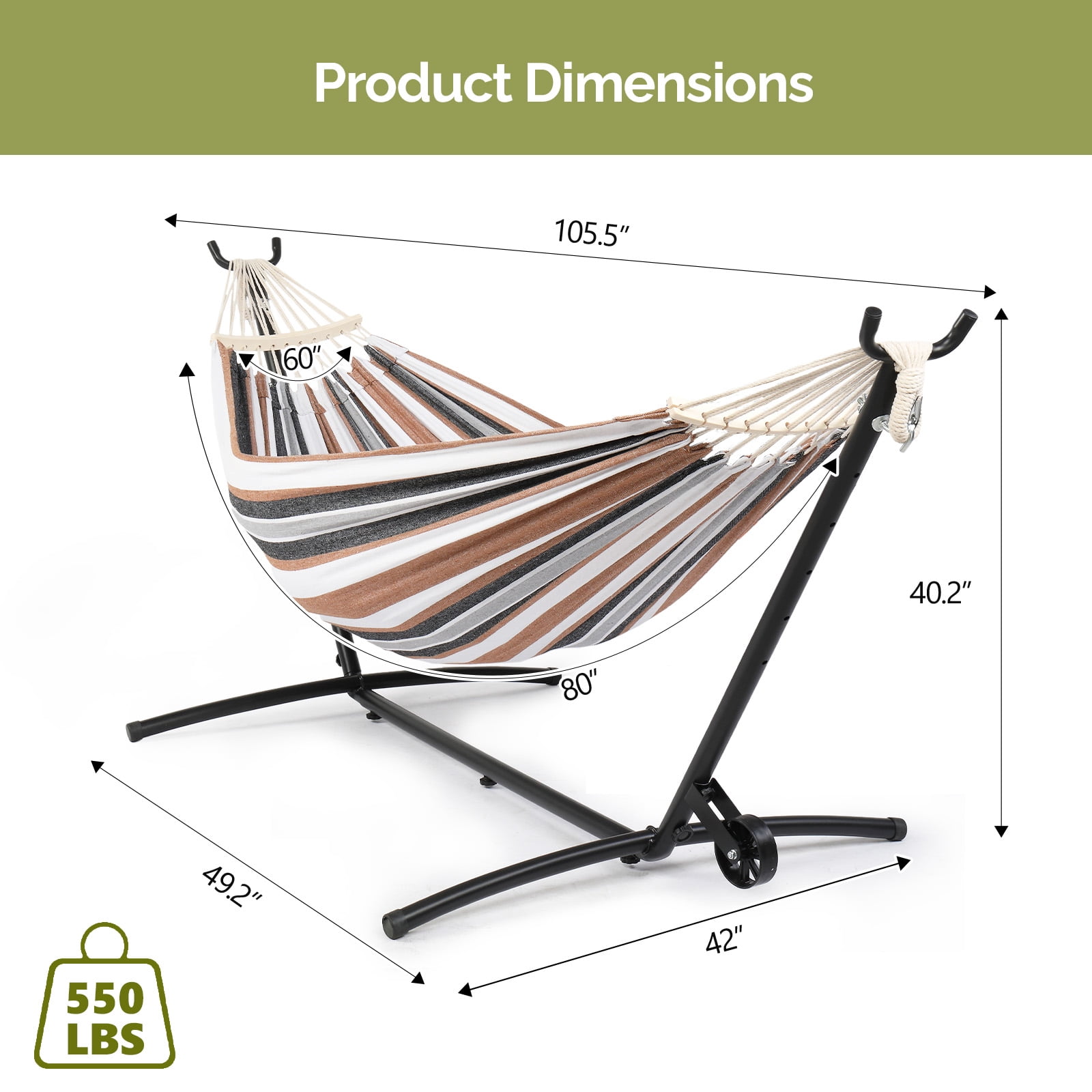 All-in-One Hammock Set with Wheeled Steel Stand, 440 lbs Capacity with Anti-Roller Spreader Bar, Cotton Canvas Hammock Set Tool-Free Assembly with Carry Bag for Indoor Outdoor Patio Yard Camping