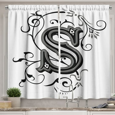 Ambesonne Letter S Kitchen Curtains, Monochrome Uppercase S, 55"x39", Black Grey White