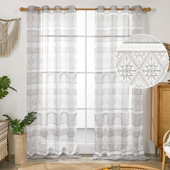 Deconovo 2 Panels Sheer Curtain Panels for Living Room, Moroccan Decorative Design, 52 x 63 Inch, Gray