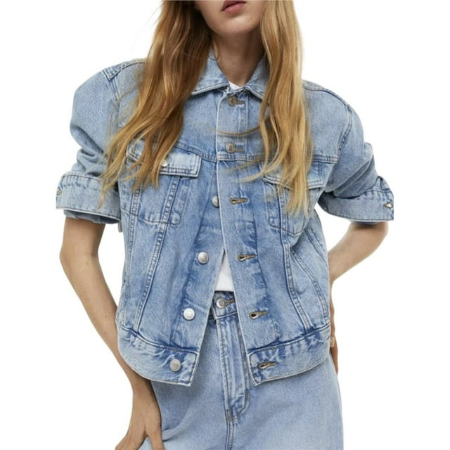 Chaqueta Vaquera Corta de Color con Mangas 3/4 para Mujer, de Lavado , Estilo Camionero Azul S