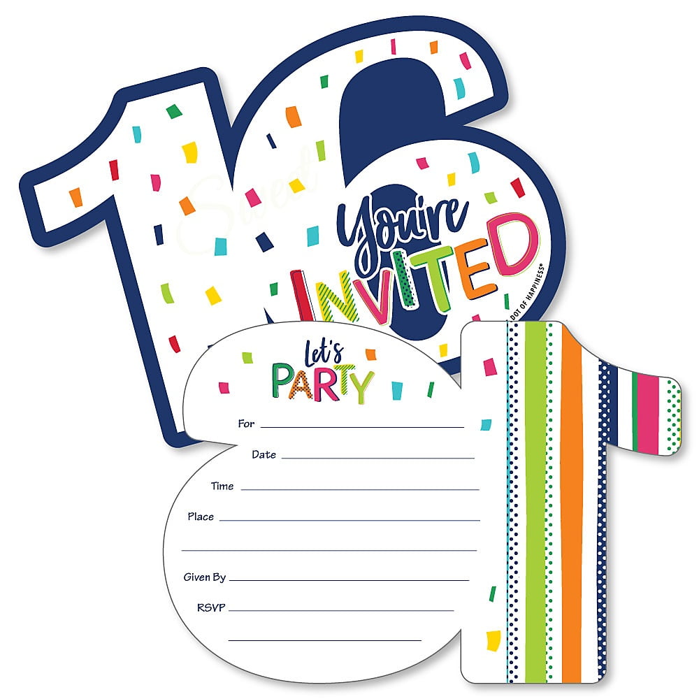 16th Birthday - Cheerful Happy Birthday - Shaped Fill-In Invitations - Colorful Sweet Sixteen Birthday Party Invitation Cards with Envelopes - Set of 12 