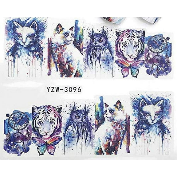 Spiritual Watercolor Abstract cat Owl Tiger Dreamcatcher Nail Decals Sticker Salon Quality Nail Art - 1 Sheet