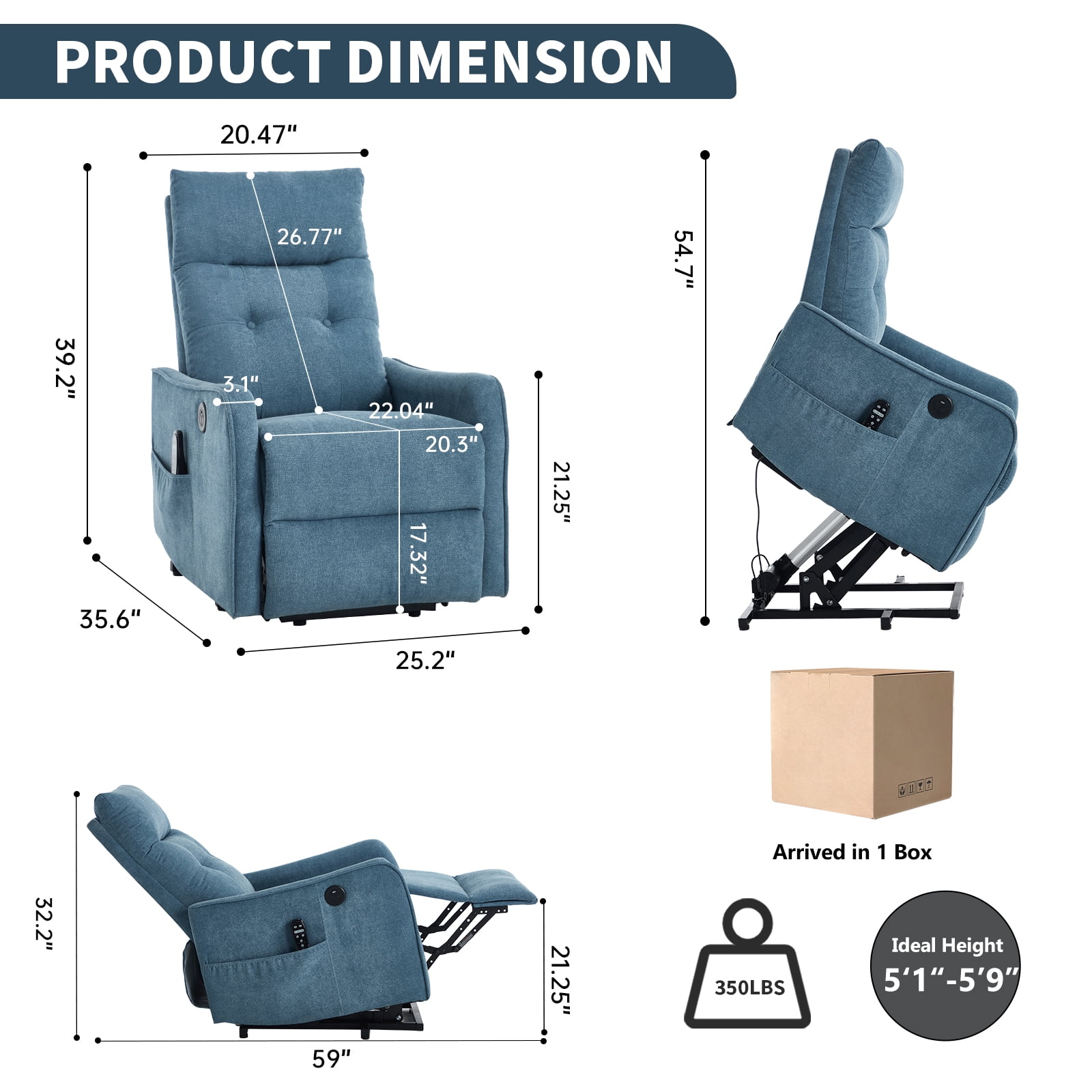 Power Lift Recliner Chair with Massage and Heat for Elderly, Heavy Duty Single Motor Lift Chair with USB Port, Easy-Clean Chenille Fabric, No Tools Assembly in One Box, Max 155° Reclining