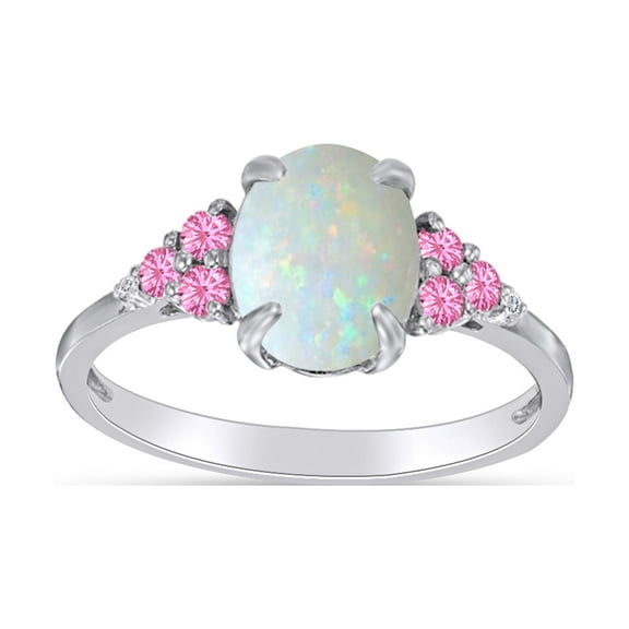 Oval Cut Lab Created Opal With Simulated White Sapphire And Pink Tourmaline Halo Solitaire Ring In 14k White Gold Over Sterling Silver Ring Size-7