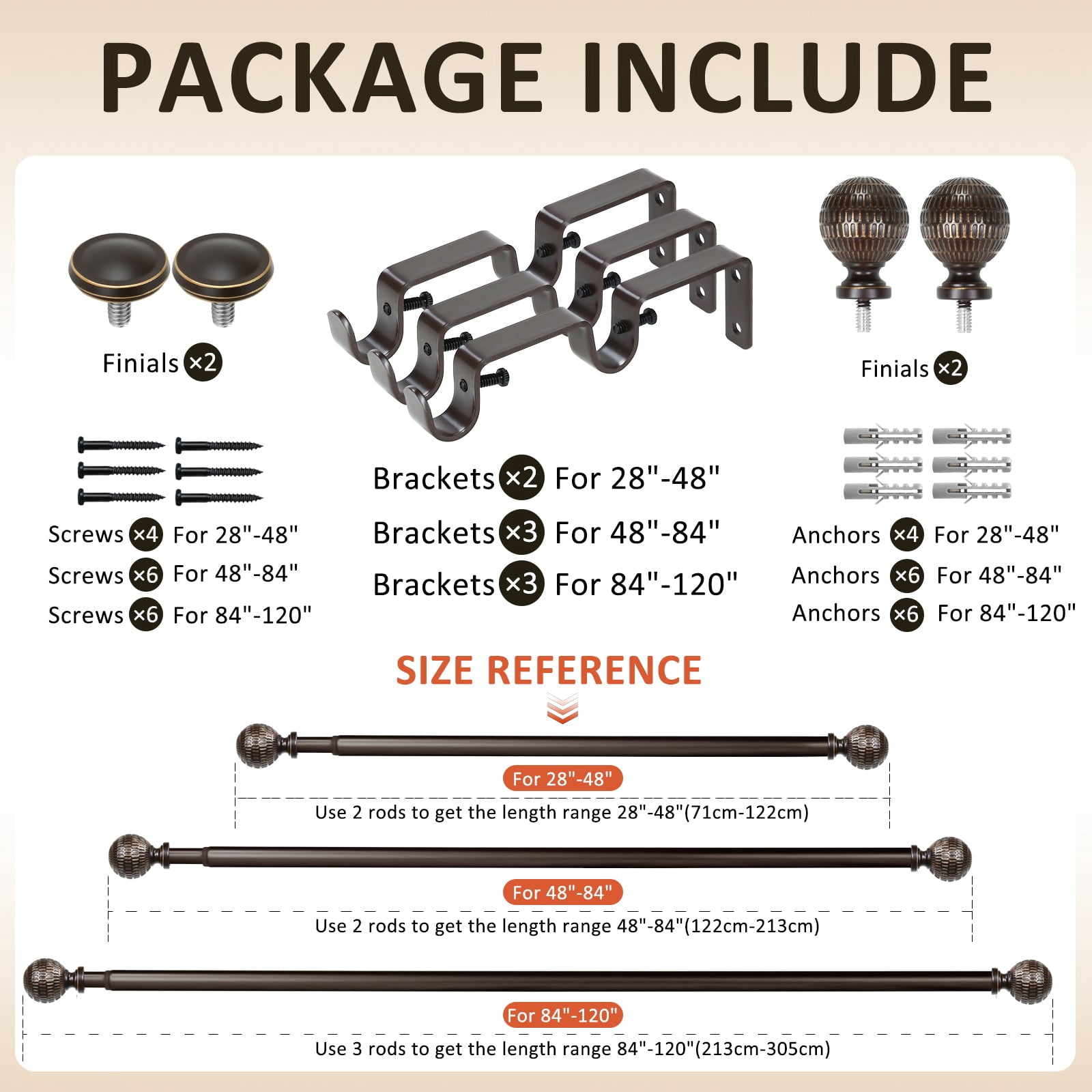 Ridicili 5/8" Telescoping Double Curtain Rods with Reticulated Ball Finials, Bronze Gold, 84"-120", 5/8 Inches Front and 1/2 Inches Back Double Window Drapery Rod