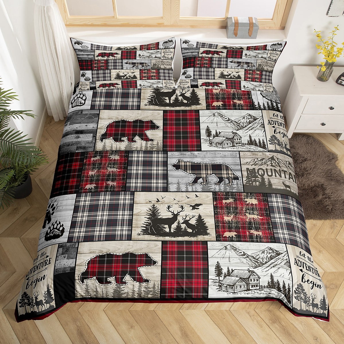 Rustic Cabin Duvet Cover Full Woodland Wolf Deer Bear Bedding Set For