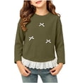 thumbnail image 3 of ITSAME Girls Long Sleeve T-Shirt Bow Lace Ruffle Hem Crew Neck Knit Ribbed Shirt Kids Fashion Casual Tops Army Green Size 6, 3 of 10