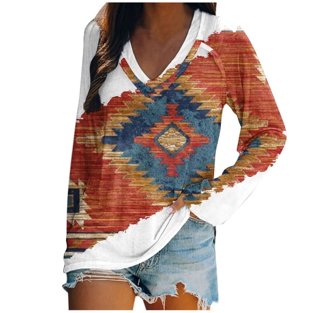 Camisas Para Mujer Moda Otoño Impreso Manga Larga Cuello en V Casual Tee Tops Odeerbi ODB124053
