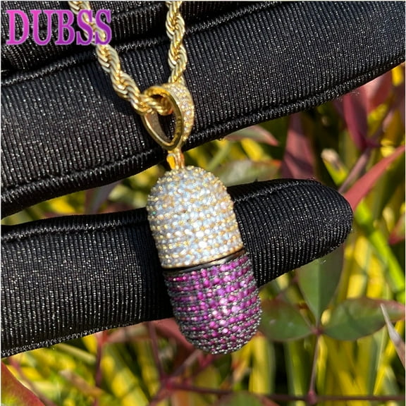 Dubss Tiny Pill Pendant Iced Out Necklace for Men Prong Setting Real Copper Cubic Zirconia Hip Hop Jewelry
