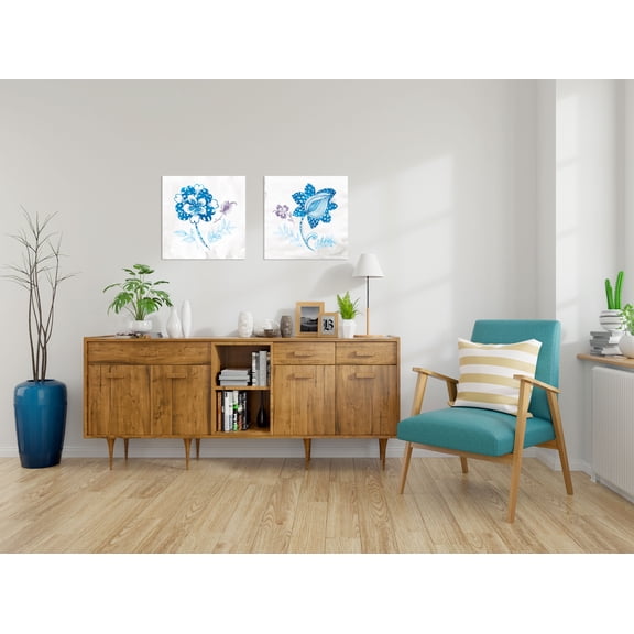 Gango Home Decor Casual Eastern Boho Peacock Chic Wall Art ; Two Blue 16x16in Fine Art Paper Giclee Prints