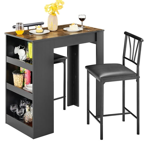 VECELO 3-Piece Pub Counter Height Dining Set, Kitchen Table & Chairs w/ Storage, Brown