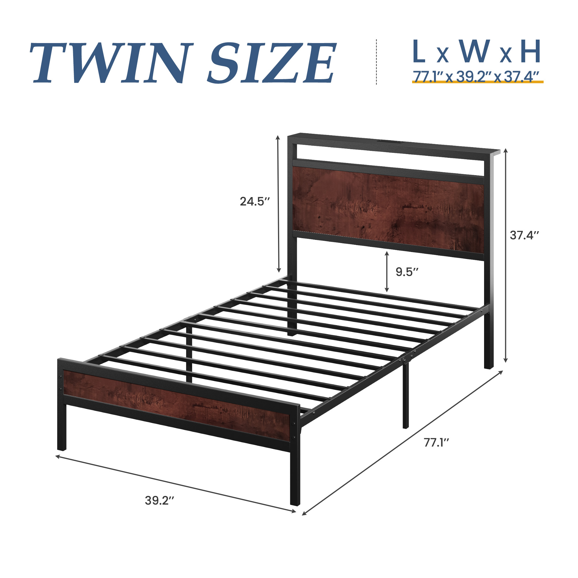 Lifezone Iron Wood Bed Frame, USB Port, LED Headboard, Noise-Free, Twin, Brown