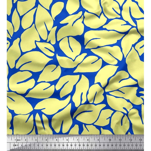 Soimoi Blue Poly Georgette Fabric Basil Leaves Print Sewing Fabric Yard 52 Inch Wide