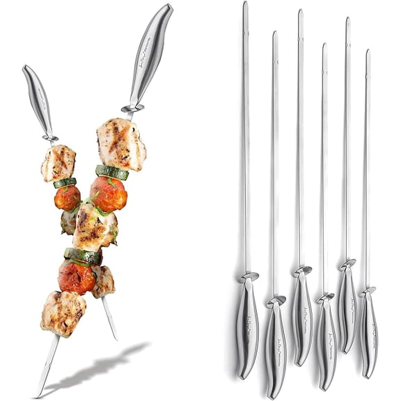 Jean-Patrique Stainless Steel BBQ Skewers for Grilling 6-Pack (16.5-inch), Reusable Kebab Skewers with Easy-Slide Disc for Grilling and Fruit