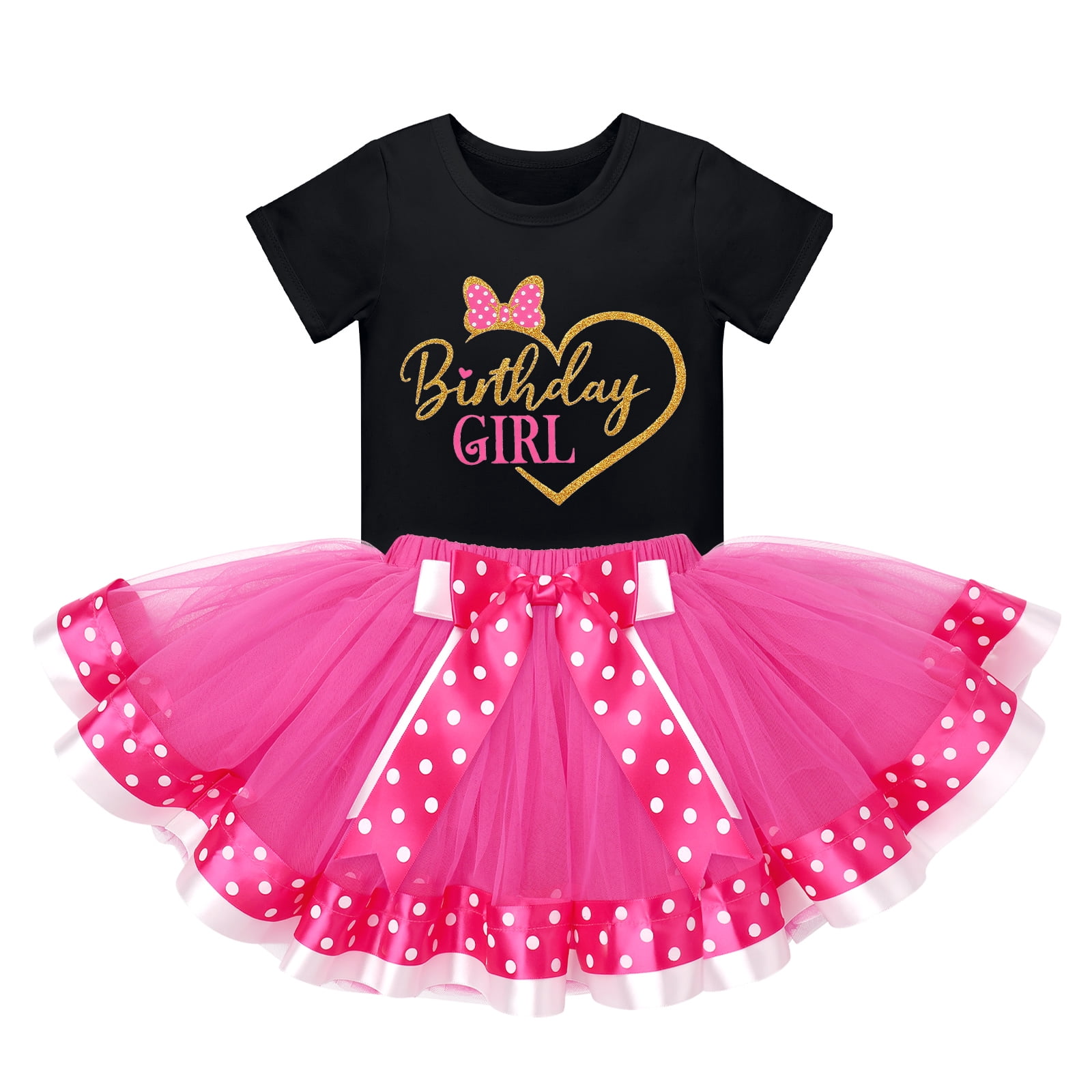 IBTOM CASTLE Toddler Girls Birthday Outfit Polka Dots Tops Tutu Skirt Mouse Ears Headband for Cake Smash Photo Shoot 5 Years Black + Hot Pink - Love Heart