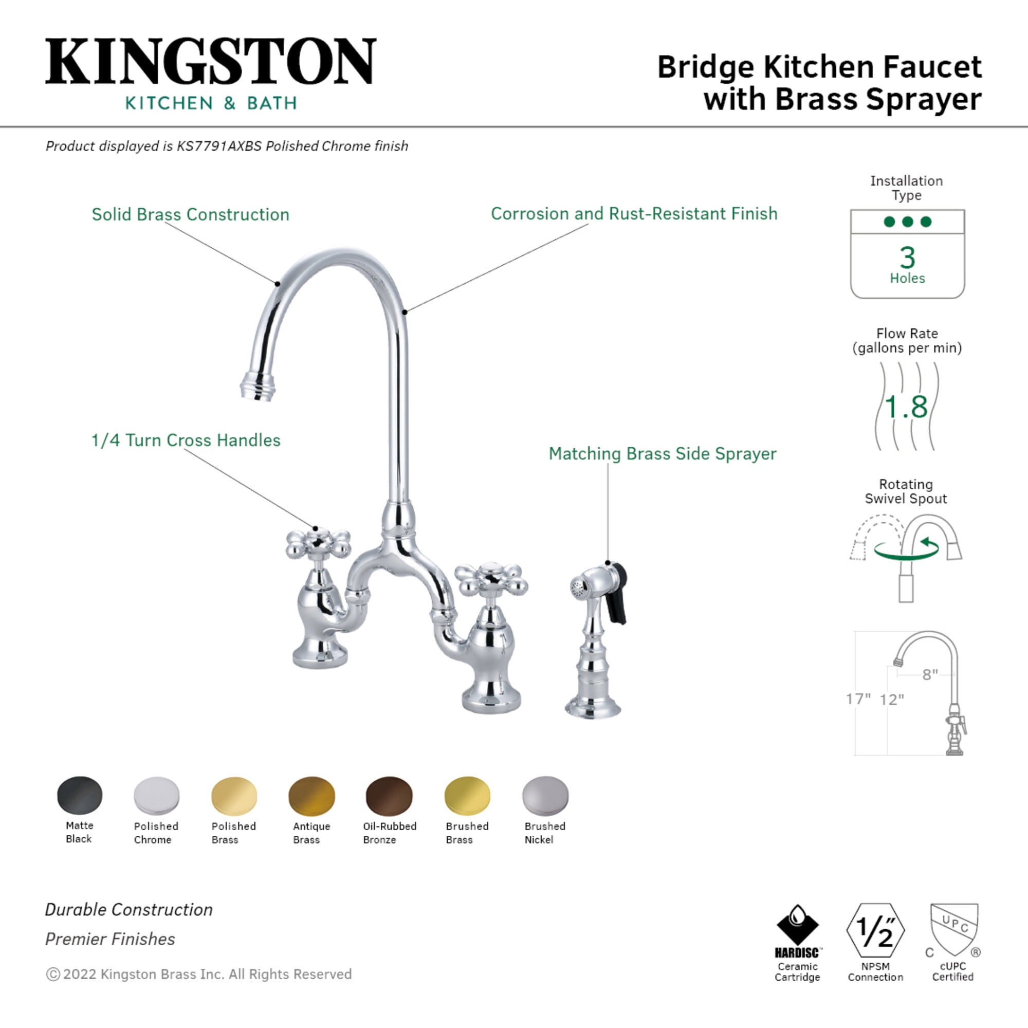 Kingston Brass KS7793AXBS English Country Bridge Kitchen Faucet with Brass Side Sprayer, Antique Brass