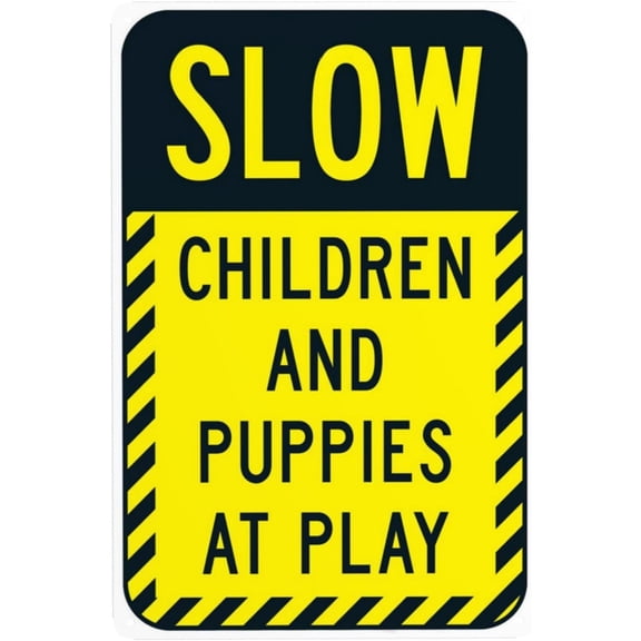 Slow Children And Puppies At Play Warning Sign, Security Safety Metal Signs, Vintage Caution Poster Wall Decor for Business Office Home Street Road Use 8 x 12 Inch