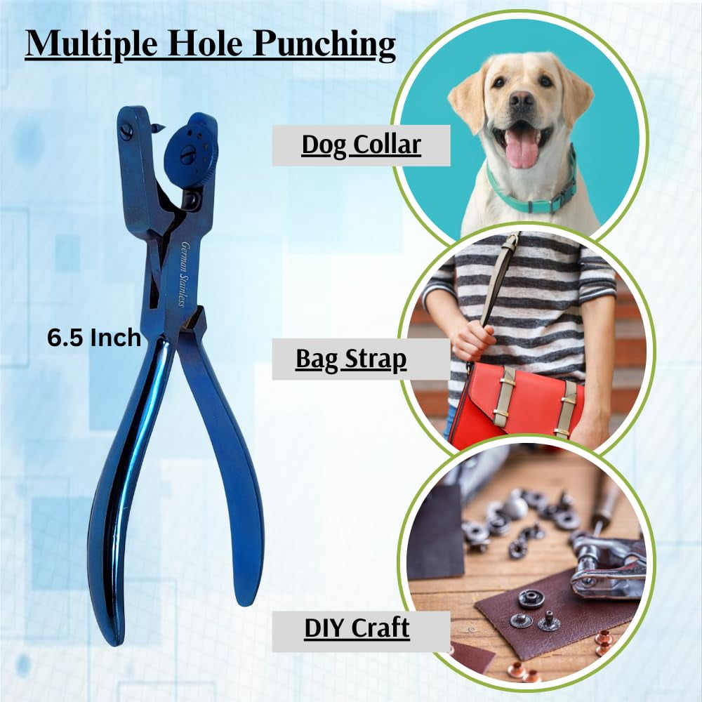 Leather Punch Tool Pliers, 6.5" Handheld Leather Hole Punch Tool with 5 Sizes Rotating Head, DIY Leather Art Craft Hole Punch Stitching Hand Pliers for Belts Straps Saddles Shoes - Blue