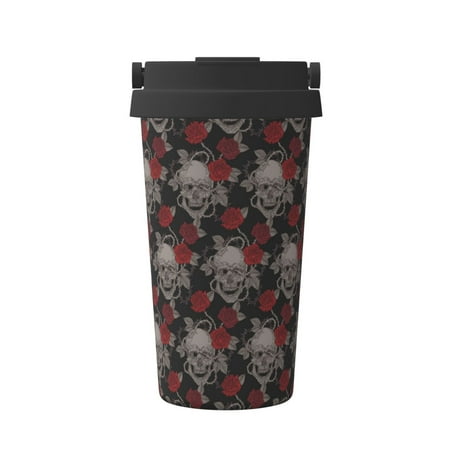 

Qekee Skull and Red Roses Print Insulated Coffee Mug Coffee Tumbler Cup Thermos Mug Water Bottle with Handle & Flip