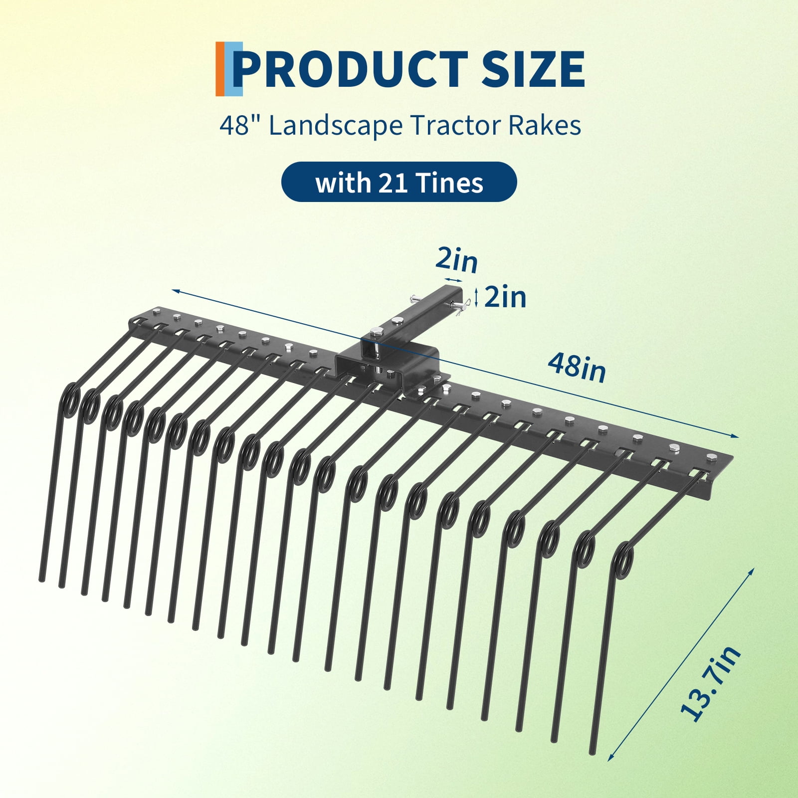 Heavy Duty Landscape Rake Attachment – 48 Inch Steel Pine Straw Rake with 20 Spring Steel Tines, Fits 2" Receiver for Lawn Tractor, ATV, UTV, Ideal for Yard Debris Cleanup | 48 inches | Xingqu sku