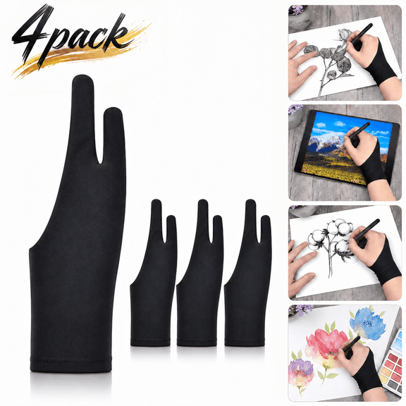 4-Pieces Artist Glove Drawing Glove for Graphic Drawing Tablet, Ipad, Monitor Painting, Paper Sketching(Free Size, Good for Right Hand or Left Hand), Digital Drawing Glove with Two Finger