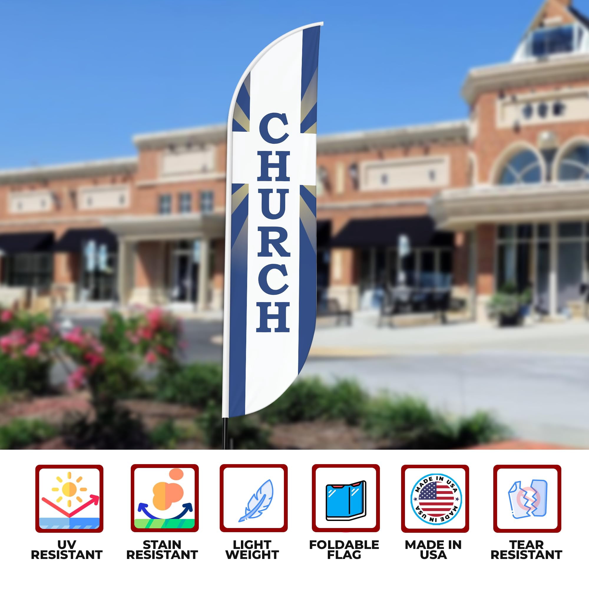 Church Sign feather flag for Outdoor by Mavis Printing | 11.5 FEET Long Polyester Outdoor Banner Flag for Easy Hang | HD Print Swooper I Flag Only to Promote Church Activity| Made in USA I Flag Only