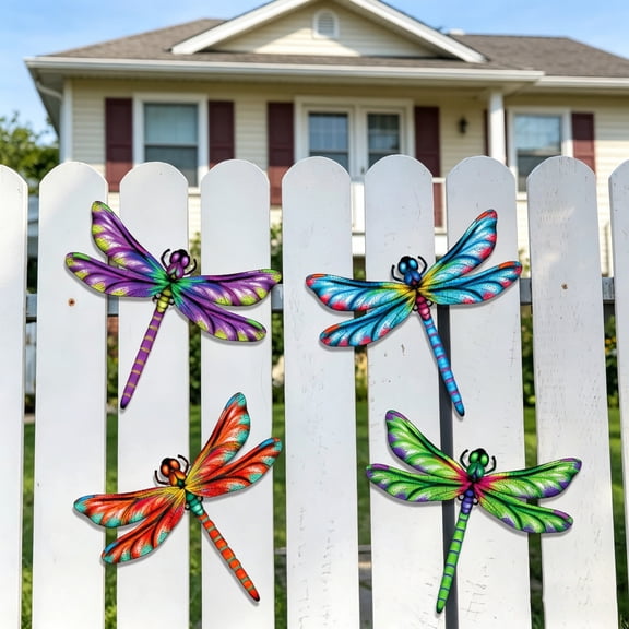 4 Pack Metal Dragonfly Wall Decor, Metal Dragonfly Outdoor Wall Art, Hanging Decorations for Garden, Fence, Yard, Patio, Porch & Exterior Wall