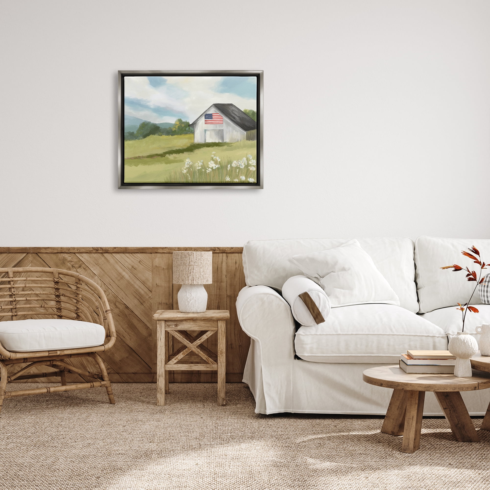 Stupell Industries American Flag on Barn Nature Painting Gray Floater Framed Art Print Wall Art, 31 x 25