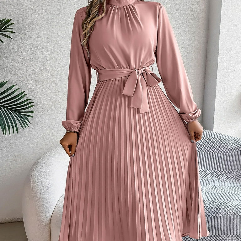 Fsqjgq Elegant Fall Dresses for Women Casual Winter Crewneck Long Sleeve  Ruffle Flowy Wedding Guest Dresses Tie Waist Pleated Black Midi Dress with  Belt Red 2 XL - Walmart.com